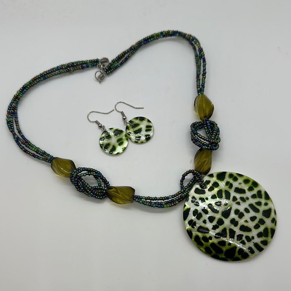 Green Beaded Necklace and Earring Set